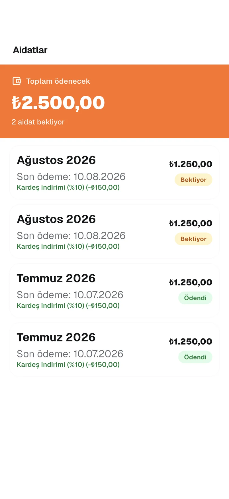 Veli aidat ekranı: borç, ödenen tutar ve ödeme geçmişi