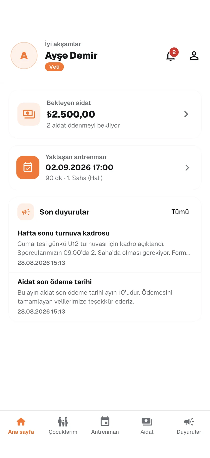 Veli ana sayfası: çocuğun yaklaşan antrenmanı ve aidat özeti