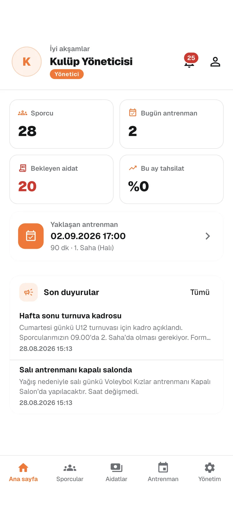 Sporkul yönetici ana sayfası: sporcu, grup ve aidat özeti
